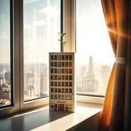 A realistic building-shaped flower pot sitting on a sunlit window, showcasing a small sprout emerging from the top