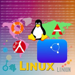 A colorful and vibrant illustration showcasing various Linux distributions like Ubuntu, Fedora, Arch Linux, and Debian
