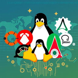 A colorful and vibrant illustration showcasing various Linux distributions like Ubuntu, Fedora, Arch Linux, and Debian