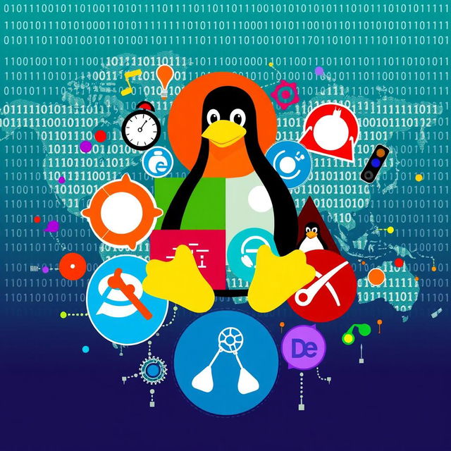 A colorful and vibrant illustration showcasing various Linux distributions like Ubuntu, Fedora, Arch Linux, and Debian