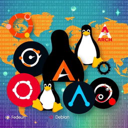 A colorful and vibrant illustration showcasing various Linux distributions like Ubuntu, Fedora, Arch Linux, and Debian