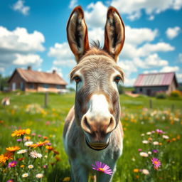 A whimsical photo of a donkey with a unique personality, set in a lush green field with vibrant flowers around