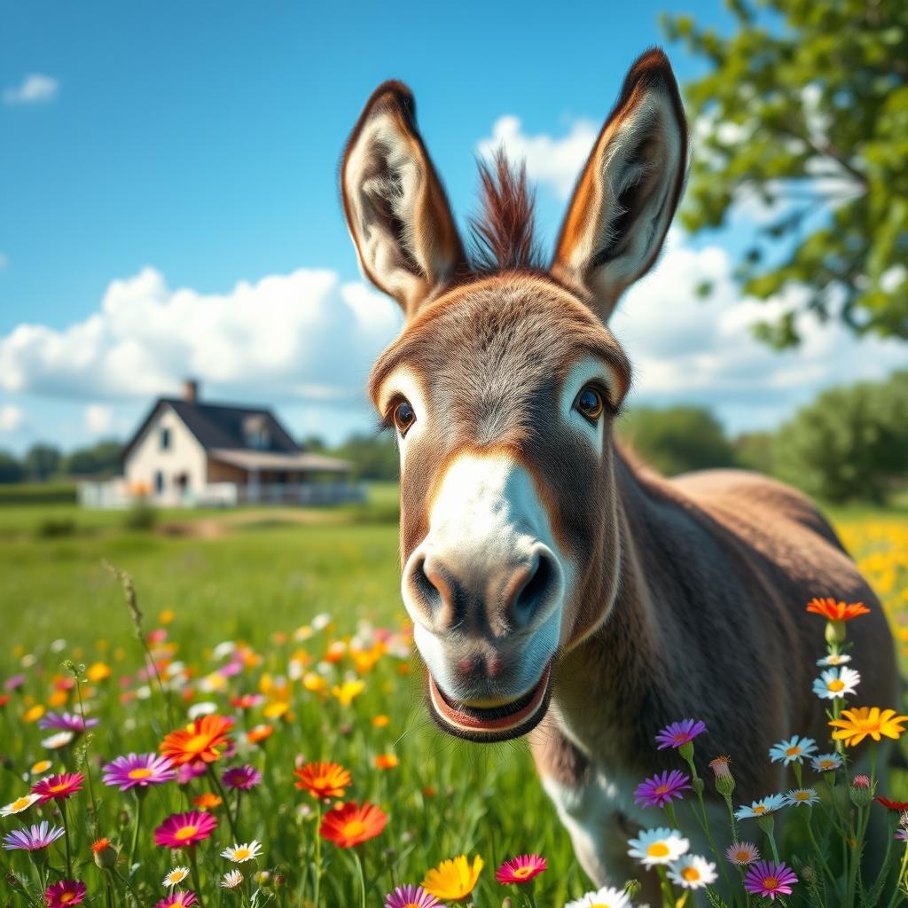 A whimsical photo of a donkey with a unique personality, set in a lush green field with vibrant flowers around
