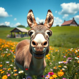 A whimsical photo of a donkey with a unique personality, set in a lush green field with vibrant flowers around