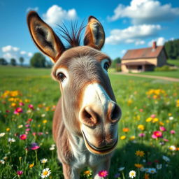 A whimsical photo of a donkey with a unique personality, set in a lush green field with vibrant flowers around