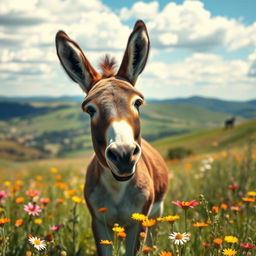 A vibrant and playful image of a donkey standing proudly in a sunny meadow, surrounded by bright wildflowers