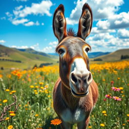 A vibrant and playful image of a donkey standing proudly in a sunny meadow, surrounded by bright wildflowers