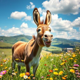 A vibrant and playful image of a donkey standing proudly in a sunny meadow, surrounded by bright wildflowers