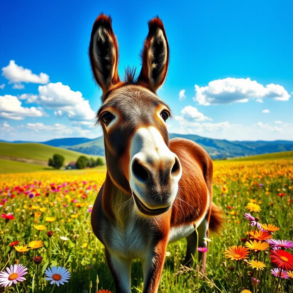 A vibrant and playful image of a donkey standing proudly in a sunny meadow, surrounded by bright wildflowers