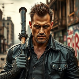A powerful and charismatic man with an imposing presence, dressed in a rugged leather jacket, complete with a barbed wire-covered baseball bat slung over his shoulder
