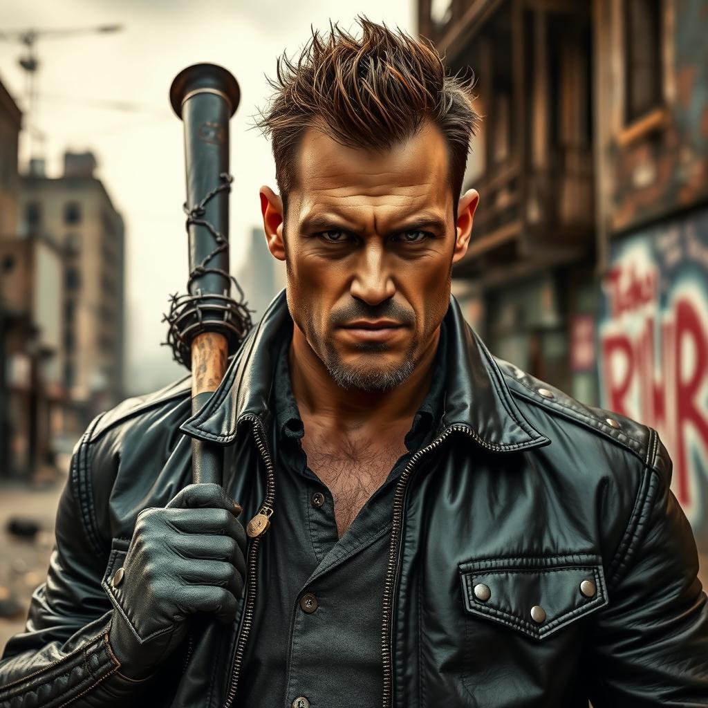 A powerful and charismatic man with an imposing presence, dressed in a rugged leather jacket, complete with a barbed wire-covered baseball bat slung over his shoulder