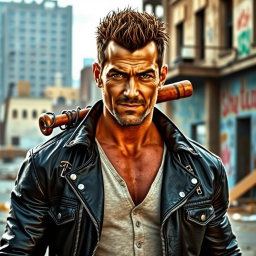 A powerful and charismatic man with an imposing presence, dressed in a rugged leather jacket, complete with a barbed wire-covered baseball bat slung over his shoulder