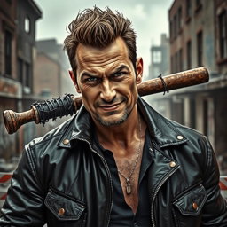 A powerful and charismatic man with an imposing presence, dressed in a rugged leather jacket, complete with a barbed wire-covered baseball bat slung over his shoulder