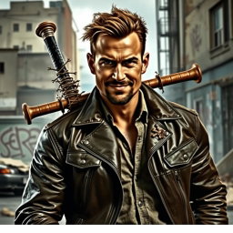 A powerful and charismatic man with an imposing presence, dressed in a rugged leather jacket, complete with a barbed wire-covered baseball bat slung over his shoulder