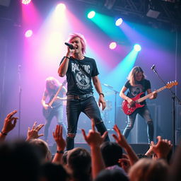 A dynamic emo band performing passionately on stage, with the lead vocalist energetically singing into the microphone