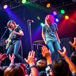 A dynamic emo band performing passionately on stage, with the lead vocalist energetically singing into the microphone