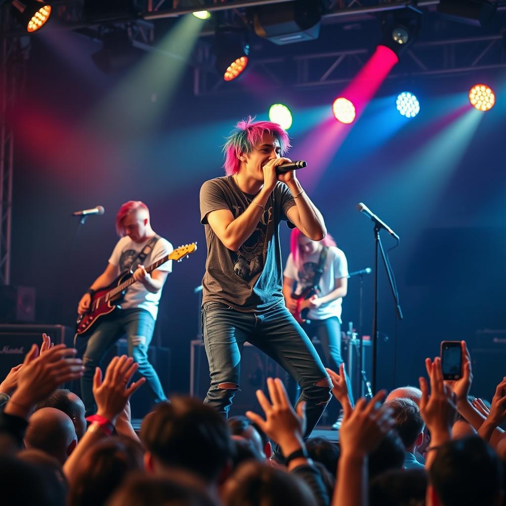 A dynamic emo band performing passionately on stage, with the lead vocalist energetically singing into the microphone