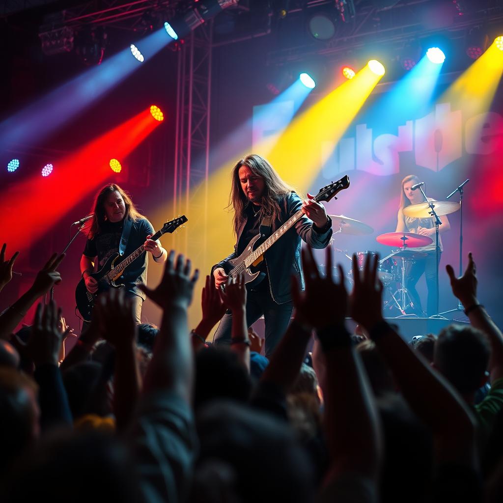 A vibrant and electrifying scene of a metal band performing on stage, with dynamic lighting illuminating the musicians as they play their instruments passionately