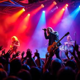 A vibrant and electrifying scene of a metal band performing on stage, with dynamic lighting illuminating the musicians as they play their instruments passionately