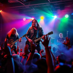A vibrant and electrifying scene of a metal band performing on stage, with dynamic lighting illuminating the musicians as they play their instruments passionately