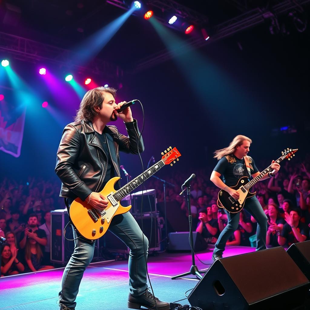 A dynamic metal band performing live on stage with a charismatic male vocalist