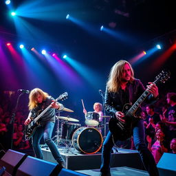 A dynamic metal band performing live on stage with a charismatic male vocalist