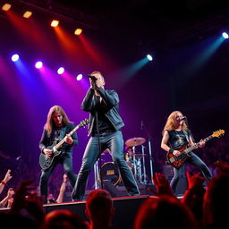 A dynamic metal band performing live on stage with a charismatic male vocalist