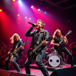 A dynamic metal band performing live on stage with a charismatic male vocalist