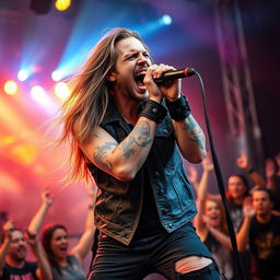 A powerful metal vocalist captured in a moment of intense emotion, screaming passionately into a microphone during a live performance