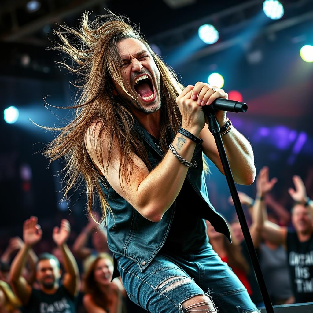 A powerful metal vocalist captured in a moment of intense emotion, screaming passionately into a microphone during a live performance