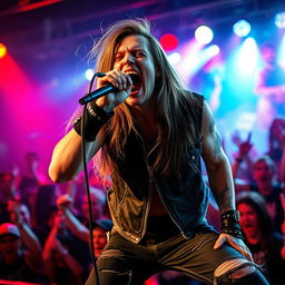 A powerful metal vocalist captured in a moment of intense emotion, screaming passionately into a microphone during a live performance