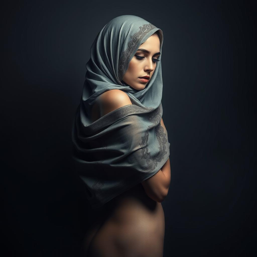 A creatively artistic representation of a nude woman covered in a niqab, the niqab intricately designed with beautiful patterns and textures, flowing gracefully over her figure
