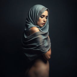 A creatively artistic representation of a nude woman covered in a niqab, the niqab intricately designed with beautiful patterns and textures, flowing gracefully over her figure
