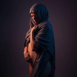 A creatively artistic representation of a nude woman covered in a niqab, the niqab intricately designed with beautiful patterns and textures, flowing gracefully over her figure