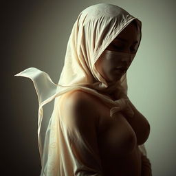 A creatively artistic representation of a nude woman covered in a niqab, the niqab intricately designed with beautiful patterns and textures, flowing gracefully over her figure