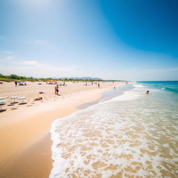 A sunny beach scene featuring a serene landscape with gentle waves rolling onto the shore