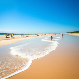 A sunny beach scene featuring a serene landscape with gentle waves rolling onto the shore