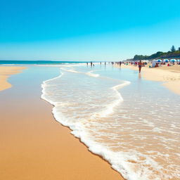 A sunny beach scene featuring a serene landscape with gentle waves rolling onto the shore