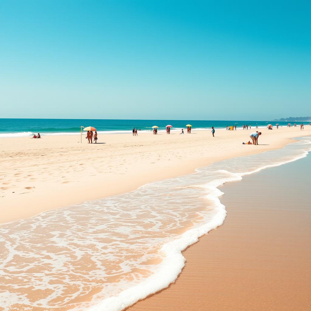 A sunny beach scene featuring a serene landscape with gentle waves rolling onto the shore