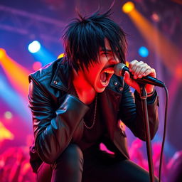 A striking metal vocalist captured in a moment of raw emotion, screaming powerfully into a microphone