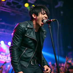 A striking metal vocalist captured in a moment of raw emotion, screaming powerfully into a microphone