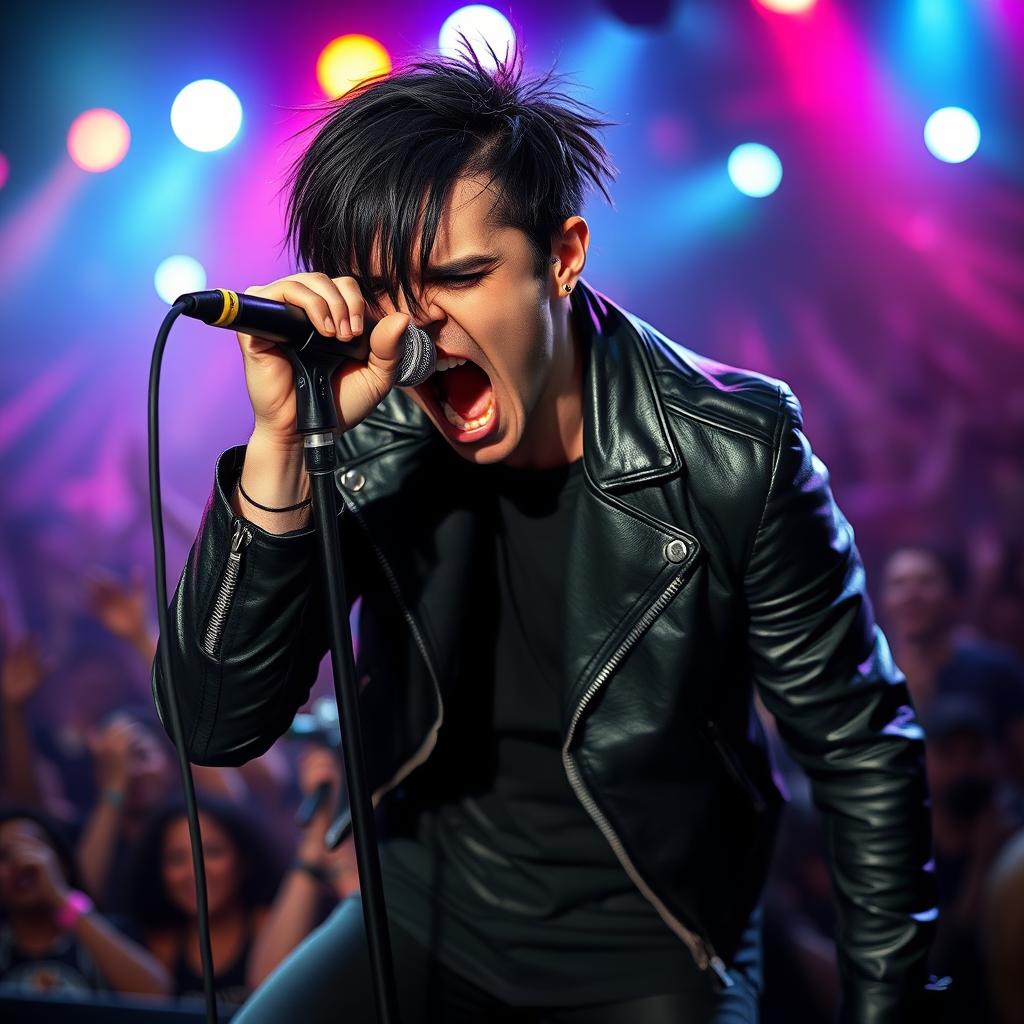 A striking metal vocalist captured in a moment of raw emotion, screaming powerfully into a microphone