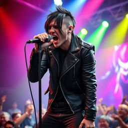 A striking metal vocalist captured in a moment of raw emotion, screaming powerfully into a microphone