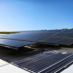 A state-of-the-art automatic solar panel cleaning machine working efficiently under a sunny blue sky.