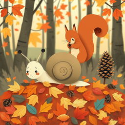 I am a little snail in autumn, crawling on a pile of colorful fallen leaves