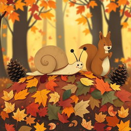 I am a little snail in autumn, crawling on a pile of colorful fallen leaves
