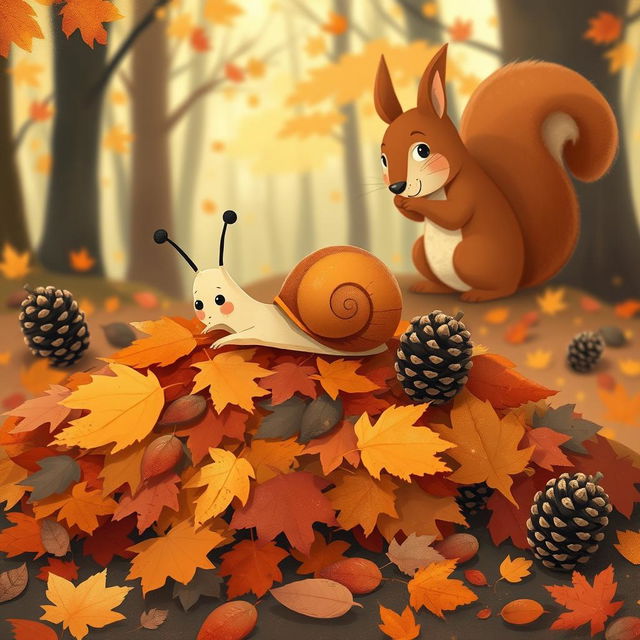 I am a little snail in autumn, crawling on a pile of colorful fallen leaves