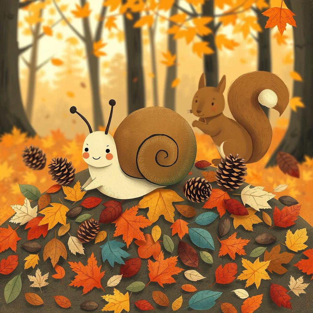 I am a little snail in autumn, crawling on a pile of colorful fallen leaves