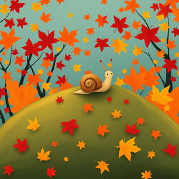 I am a little snail in autumn, resting on a hill covered with vibrant maple leaves