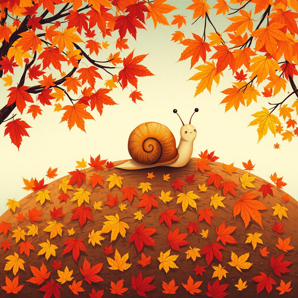 I am a little snail in autumn, resting on a hill covered with vibrant maple leaves